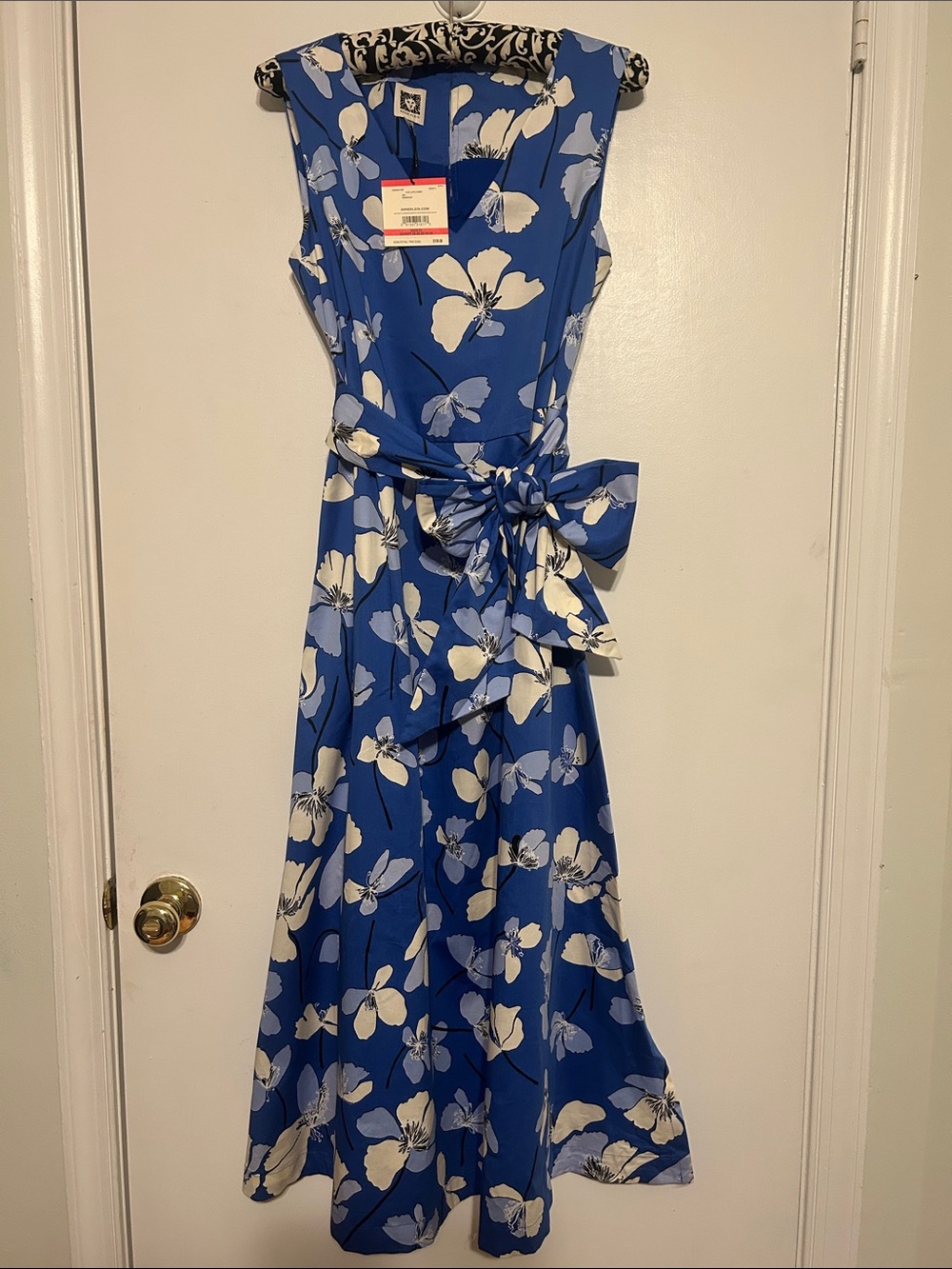 Anne Klein Blue and White Floral Tie-Waist Maxi Dress